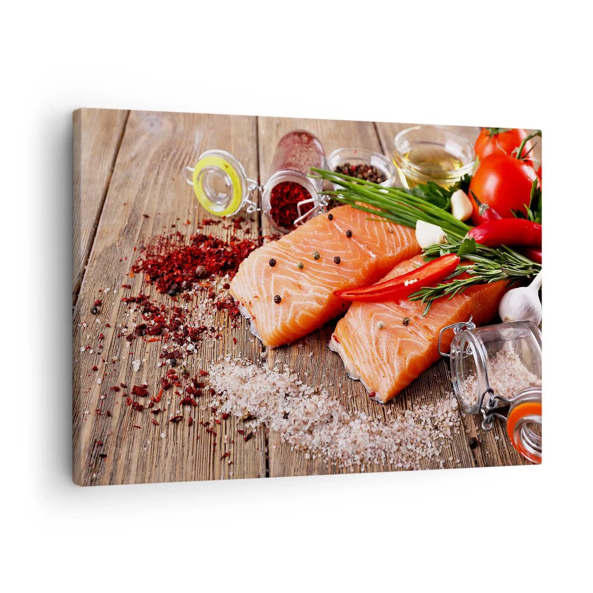 Impression sur toile - Image sur toile - Filets de saumon aux épices sur fond de bois - 70x50cm - Aventure norvégienne dans la cuisine - Décoration murale moderne pour le salon et la chambre ARTTOR
