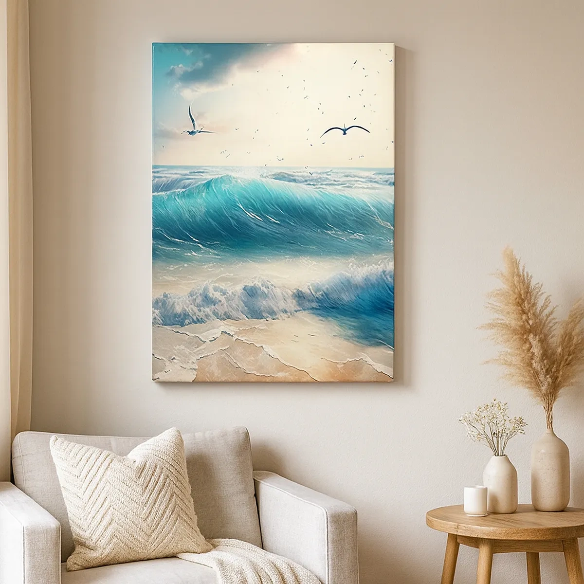 Impression sur toile - Image sur toile - Vagues de la mer sur la plage sous un ciel bleu avec des mouettes - 50x70cm - Ça bourdonne seulement pour toi - Décoration murale moderne pour le salon et la chambre ARTTOR