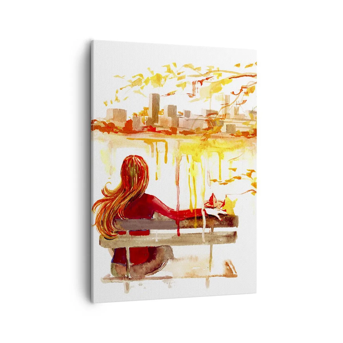 Impression sur toile - Image sur toile - Scène à l'aquarelle d'une femme sur un banc surplombant la ville - 50x70cm - Un moment de réflexion - Décoration murale moderne pour le salon et la chambre ARTTOR