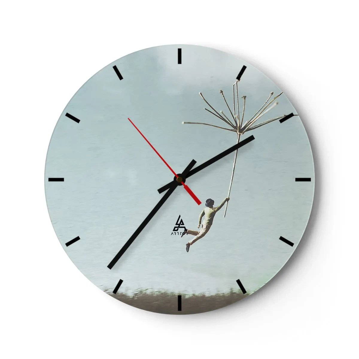 Horloge murale - Pendule murale - Une silhouette flottant dans les airs tenant un pissenlit géant - 30x30cm - Cerfs-volants, pissenlits, vent - Décoration murale moderne pour le salon, la cuisine et la chambre ARTTOR