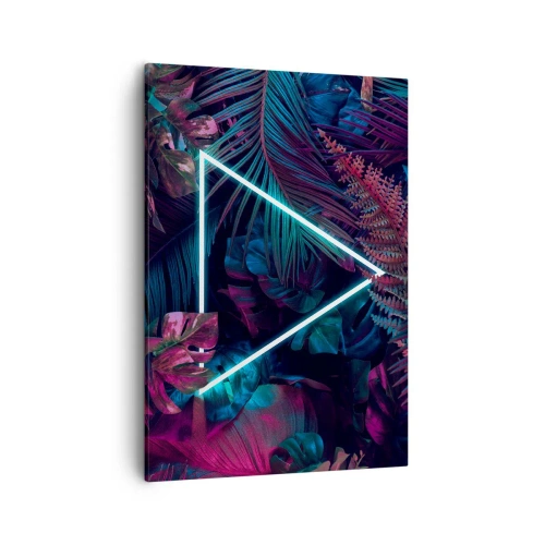 Impression sur toile - Image sur toile - Un triangle néon entouré de feuilles tropicales aux couleurs sombres. - 50x70cm - Jardin de style disco - Décoration murale moderne pour le salon et la chambre ARTTOR