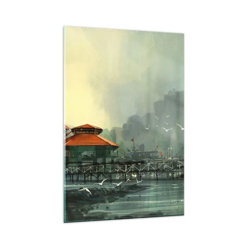 Impression sur verre - Image sur verre - Bâtiments portuaires dans un paysage pluvieux avec des mouettes - 80x120cm - Une journée ensoleillée au port - Décoration murale moderne pour le salon et la chambre ARTTOR