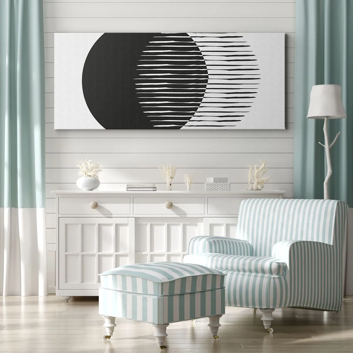 Impression sur toile - Image sur toile - Deux cercles superposés avec des lignes noires et blanches - 140x50cm - Son alter ego - Décoration murale moderne pour le salon et la chambre ARTTOR