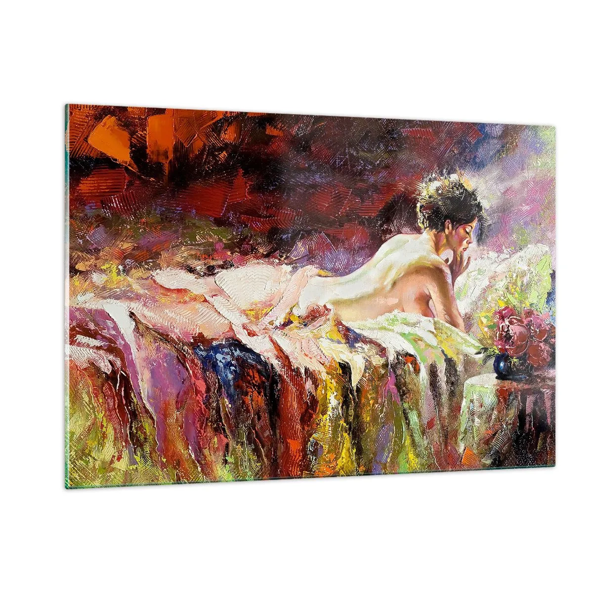 Impression sur verre - Image sur verre - Nu féminin impressionniste sur tissu coloré - 120x80cm - Vénus en pensée - Décoration murale moderne pour le salon et la chambre ARTTOR