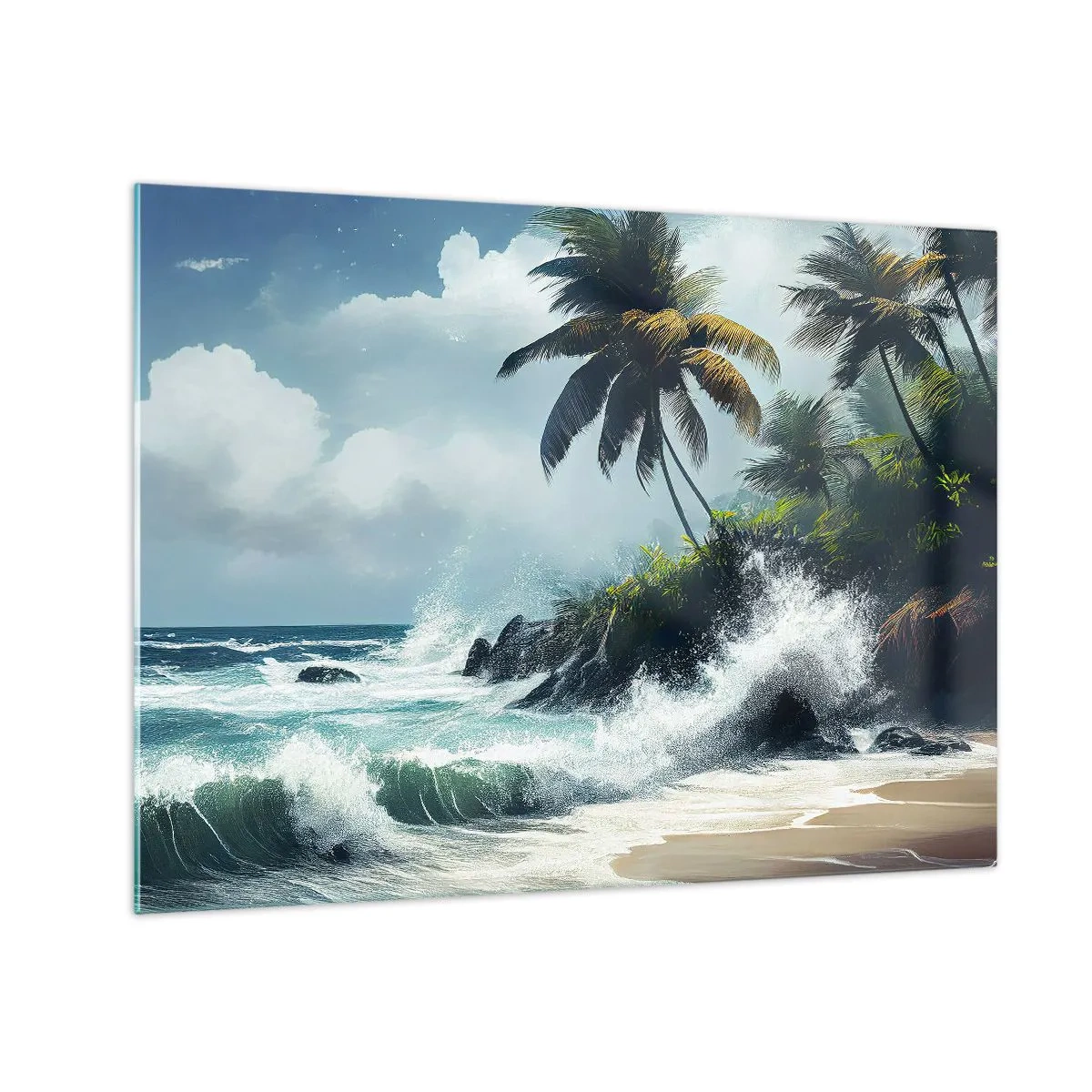 Impression sur verre - Image sur verre - Vagues s'écrasant contre les rochers près des palmiers sur une plage tropicale - 70x50cm - Sur une côte tropicale - Décoration murale moderne pour le salon et la chambre ARTTOR