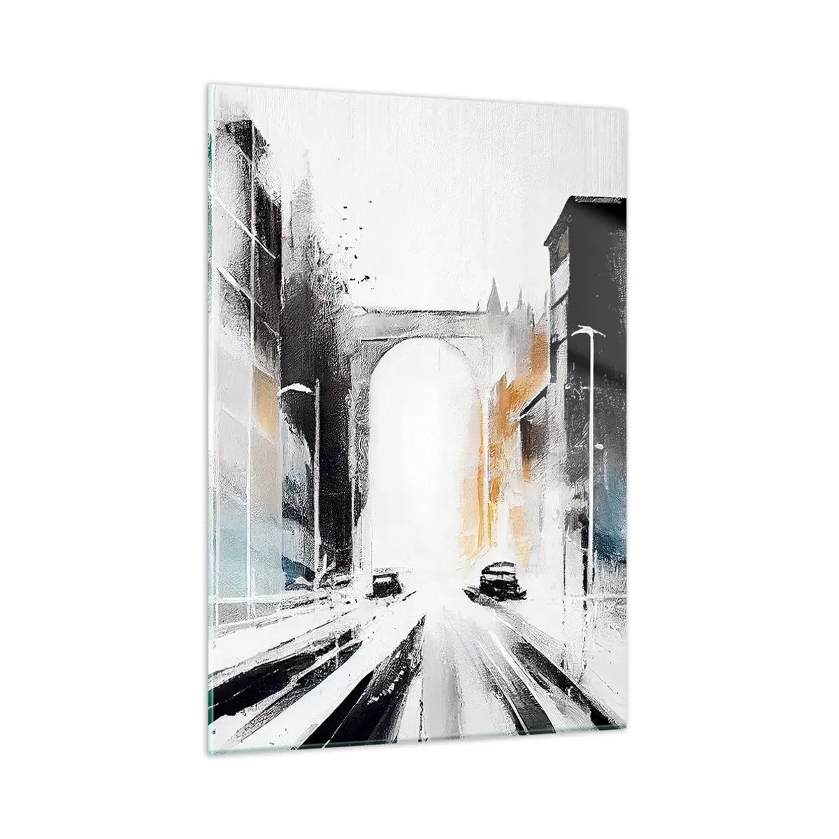 Impression sur verre - Image sur verre - Une rue de ville dynamique avec des voitures et une arche en arrière-plan dans un style pictural. - 50x70cm - Étude de ville : architecture et mouvement - Décoration murale moderne pour le salon et la chambre ARTTO