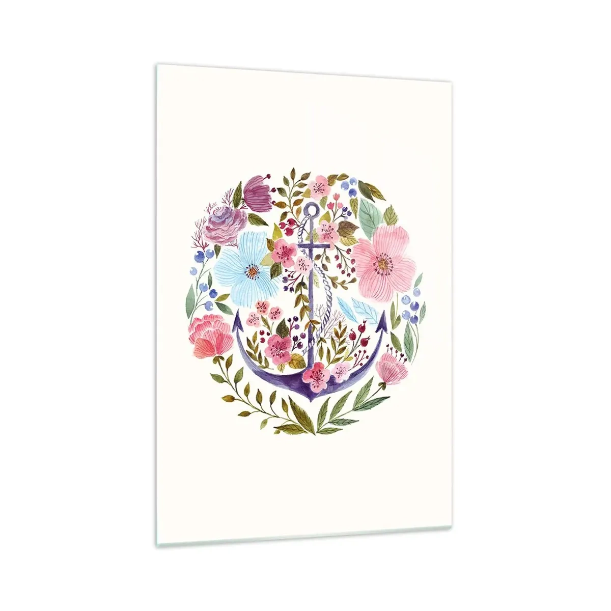 Impression sur verre - Image sur verre - Une ancre entourée de fleurs à l'aquarelle sur un fond clair - 70x100cm - Le beau rêve du marin - Décoration murale moderne pour le salon et la chambre ARTTOR