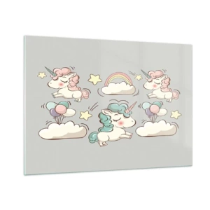Impression sur verre - Image sur verre - De jolies licornes dans les nuages avec un arc-en-ciel et des ballons - 100x70cm - Ils existe, c'est sûr… - Décoration murale moderne pour le salon et la chambre ARTTOR