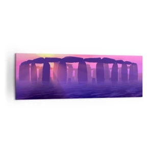Impression sur toile - Image sur toile - Cercle de pierres au coucher du soleil avec un ciel violet - 160x50cm - Mystère à l'aube dans le brouillard - Décoration murale moderne pour le salon et la chambre ARTTOR