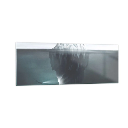 Impression sur verre - Image sur verre - Un iceberg dans l'eau avec un plongeur et un projecteur sous la surface. - 140x50cm - Mystère sous-marin - Décoration murale moderne pour le salon et la chambre ARTTOR
