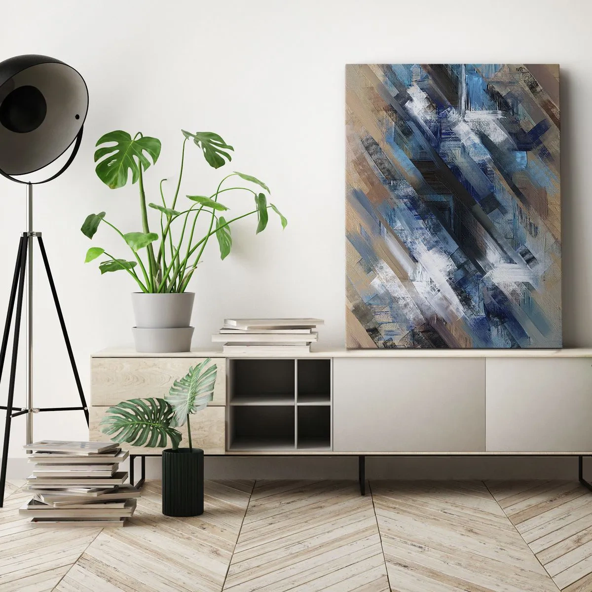 Impression sur toile - Image sur toile - Composition abstraite avec des lignes diagonales bleues - 50x70cm - Diagonale de bleus - Décoration murale moderne pour le salon et la chambre ARTTOR