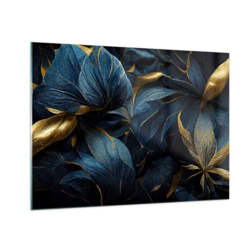Impression sur verre - Image sur verre - Feuilles bleu foncé avec de subtils accents dorés - 70x50cm - Des dessous dorés - Décoration murale moderne pour le salon et la chambre ARTTOR