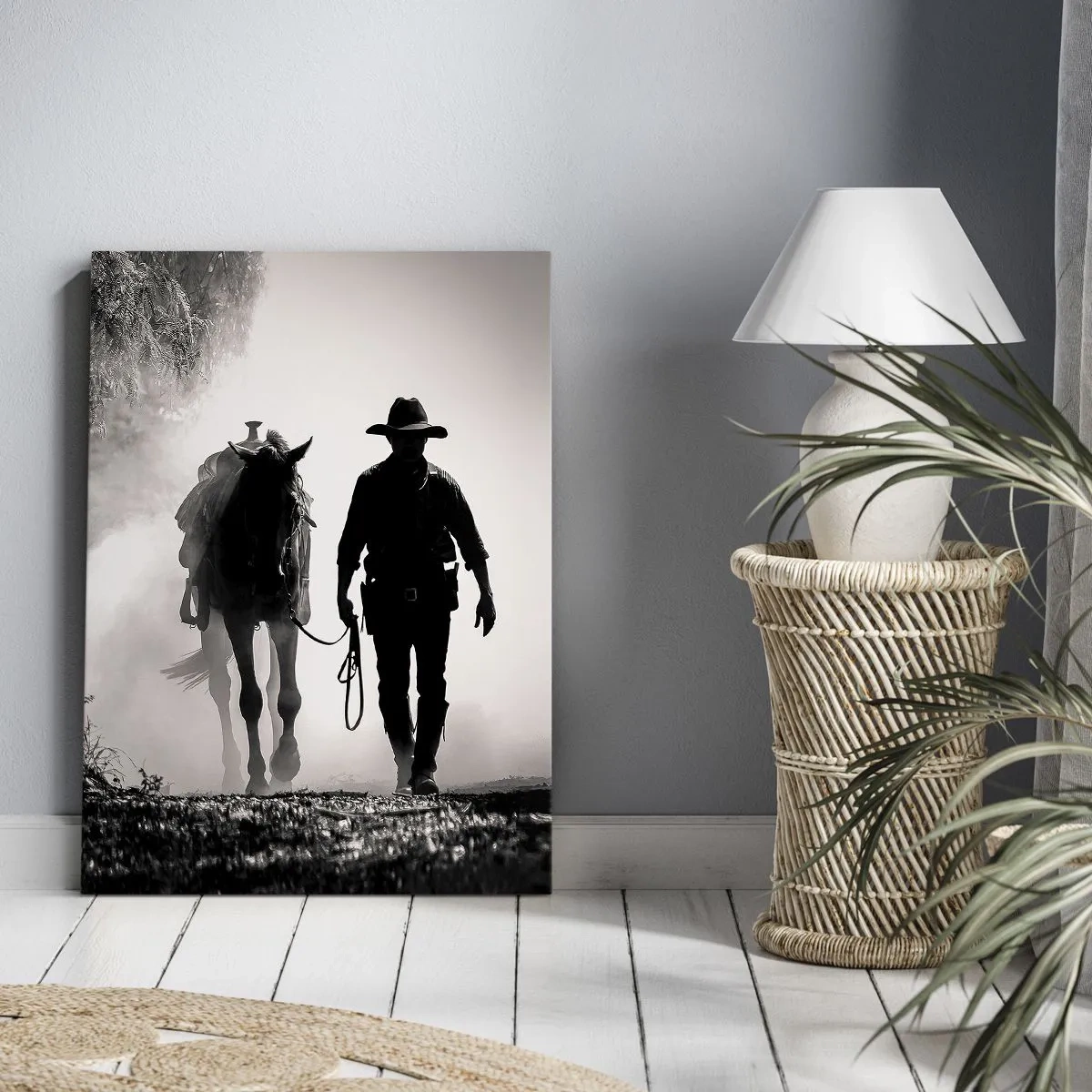 Impression sur toile - Image sur toile - Cowboy avec cheval dans le brouillard matinal - 50x70cm - Matinée texane - Décoration murale moderne pour le salon et la chambre ARTTOR