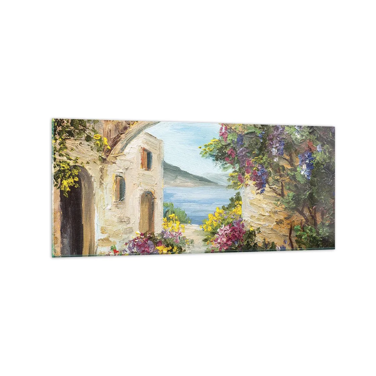 Impression sur verre - Image sur verre - Paysage de bord de mer avec des bâtiments en pierre et des fleurs - 120x50cm - Le charme d'une province côtière - Décoration murale moderne pour le salon et la chambre ARTTOR