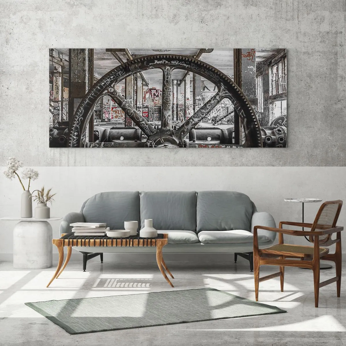 Impression sur verre - Image sur verre - Un vieux mécanisme dans un intérieur industriel abandonné - 160x50cm - Vie secrète d'une usine - Décoration murale moderne pour le salon et la chambre ARTTOR