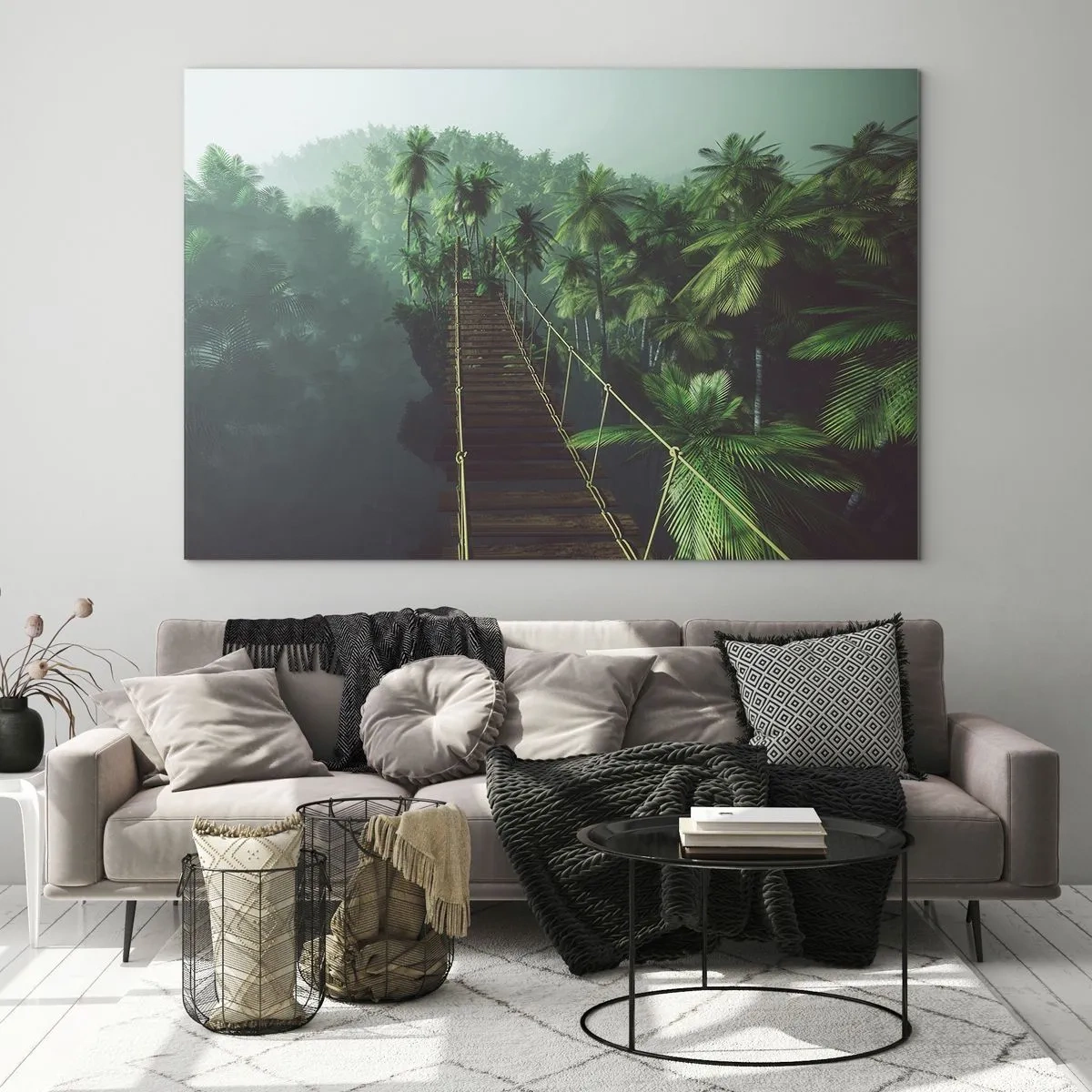 Impression sur verre - Image sur verre - Un pont de corde dans la jungle entouré de palmiers - 70x50cm - Au fil de la verdure - Décoration murale moderne pour le salon et la chambre ARTTOR