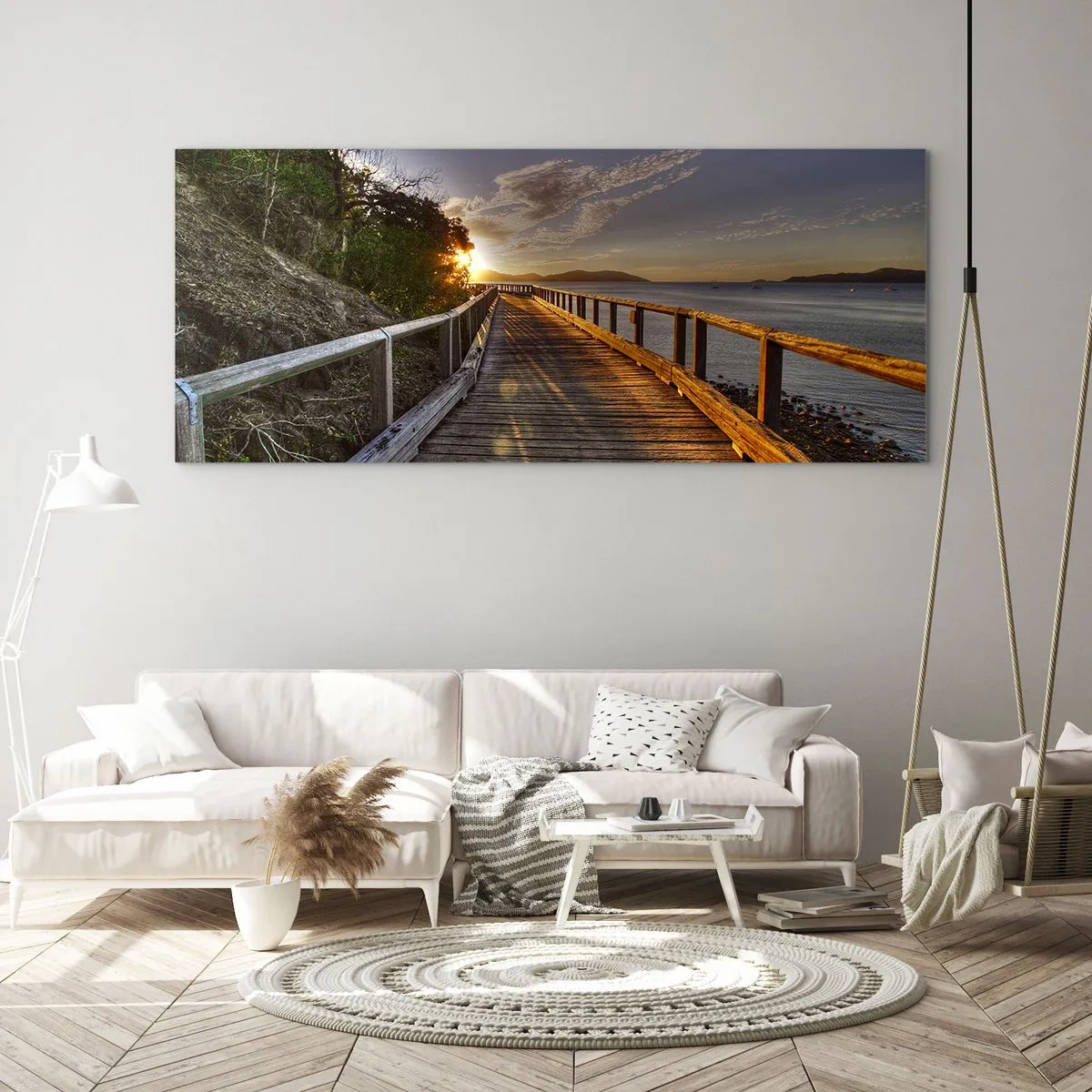 Impression sur verre - Image sur verre - Une jetée en bois mène vers le coucher de soleil sur l'eau - 140x50cm - Aller, aller tout le temps en direction du soleil - Décoration murale moderne pour le salon et la chambre ARTTOR