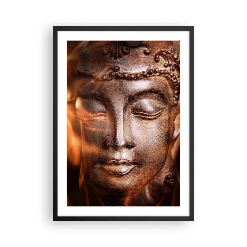 Affiche dans un cadre noir - Poster - Sculpture de Bouddha rayonnant d'une lumière chaude - 50x70cm - Il n'existe qu'ici et maintenant - Décoration murale moderne pour le salon et la chambre ARTTOR