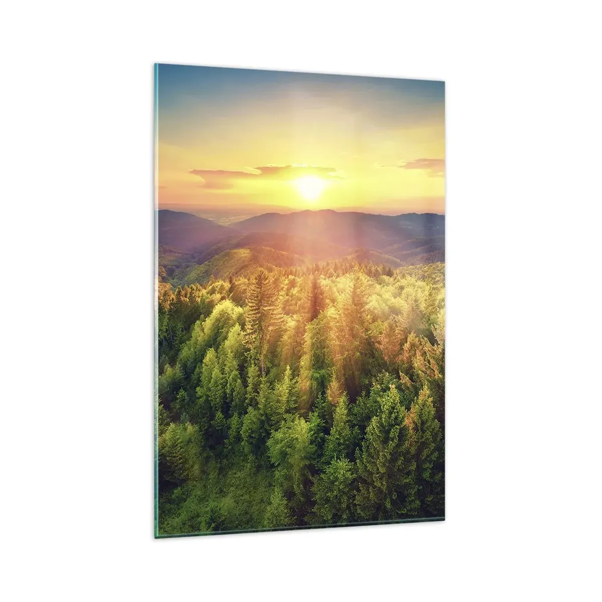 Impression sur verre - Image sur verre - Paysage forestier avec coucher de soleil sur les collines - 80x120cm - Monts et sommets - Décoration murale moderne pour le salon et la chambre ARTTOR