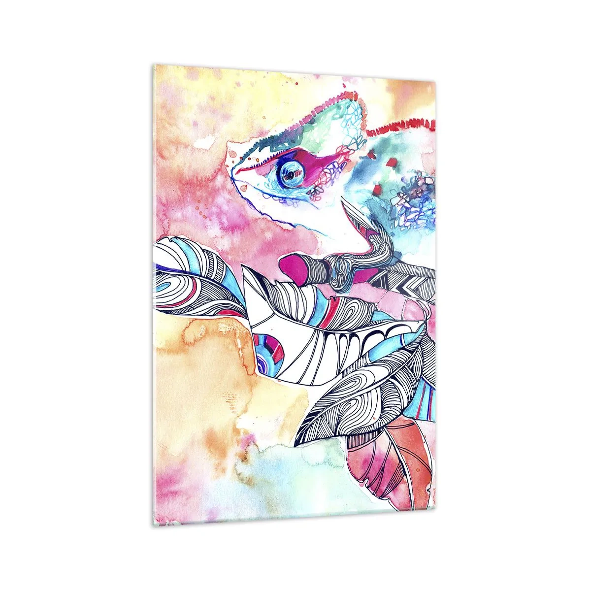 Impression sur verre - Image sur verre - Caméléon coloré sur fond de feuilles abstraites - 70x100cm - Aussi coloré que notre monde - Décoration murale moderne pour le salon et la chambre ARTTOR