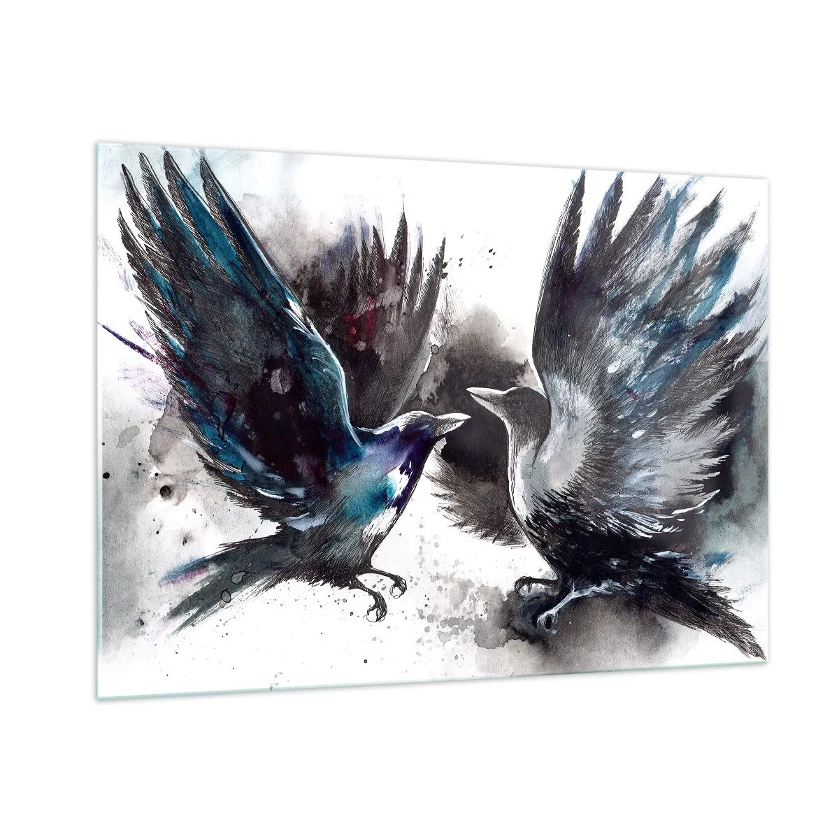Impression sur verre - Image sur verre - Deux corbeaux dans une pose dynamique avec les ailes déployées - 100x70cm - Le corbeau des corbeaux - Décoration murale moderne pour le salon et la chambre ARTTOR