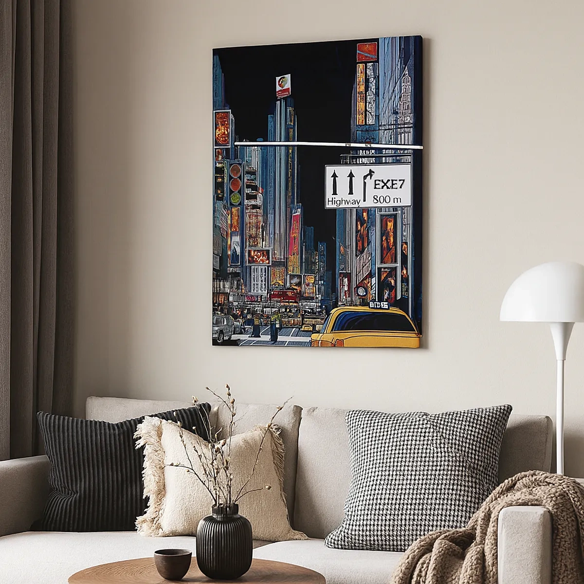 Impression sur toile - Image sur toile - Une ville animée avec des publicités colorées et des taxis jaunes - 50x70cm - Grande nuit de bande dessinée - Décoration murale moderne pour le salon et la chambre ARTTOR