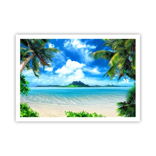 Affiche - Poster - Plage tropicale avec palmiers et vue sur l'île - 100x70cm - L'azur des tropiques - Décoration murale moderne pour le salon et la chambre ARTTOR