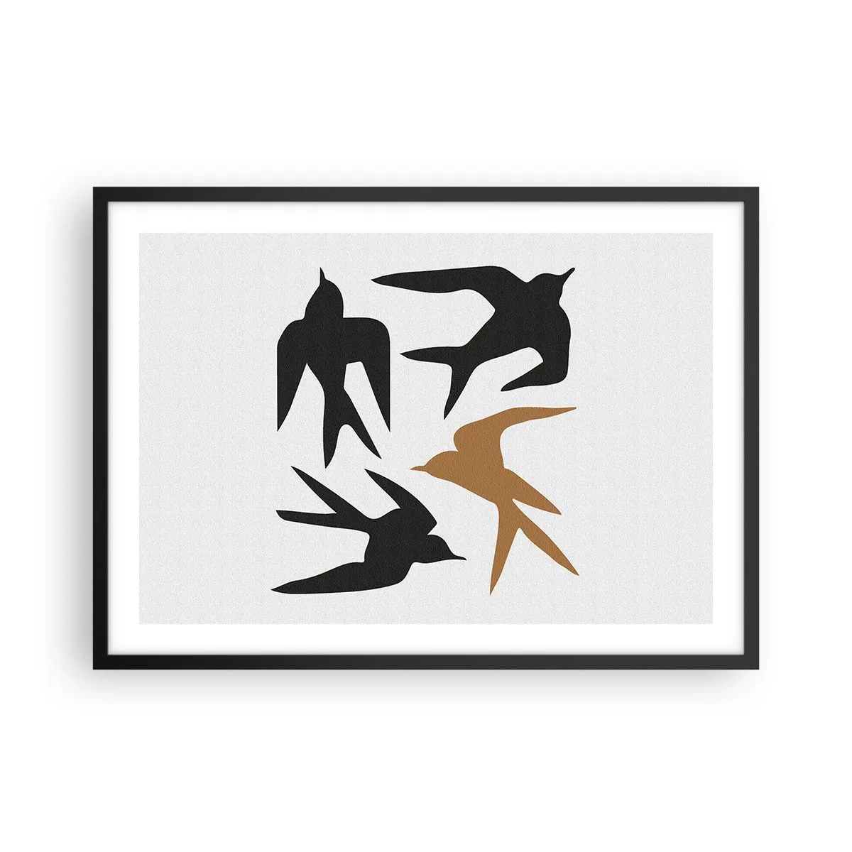 Affiche dans un cadre noir - Poster - Silhouettes d'hirondelles en noir et or - 70x50cm - Avaler du plaisir - Décoration murale moderne pour le salon et la chambre ARTTOR