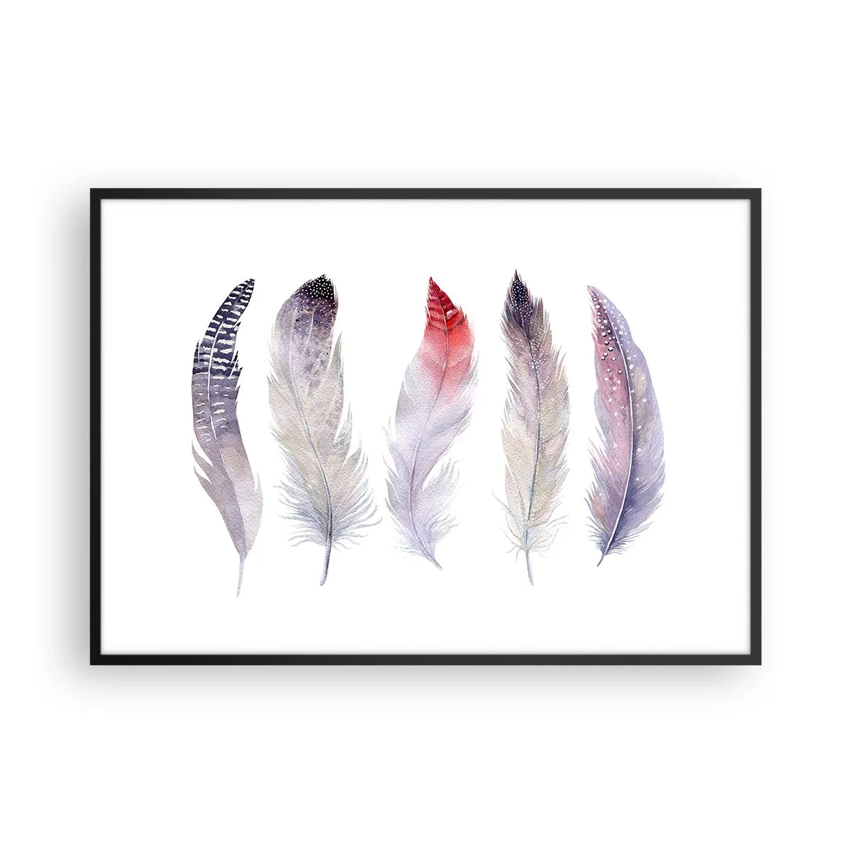 Affiche dans un cadre noir - Poster - Cinq plumes délicates aux tons pastel sur fond clair - 100x70cm - Délicat comme un brouillard multicolore - Décoration murale moderne pour le salon et la chambre ARTTOR