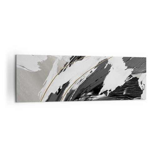 Impression sur toile - Image sur toile - Coups de pinceau noirs et blancs avec une subtile touche dorée - 160x50cm - L'abstraction à grande échelle - Décoration murale moderne pour le salon et la chambre ARTTOR