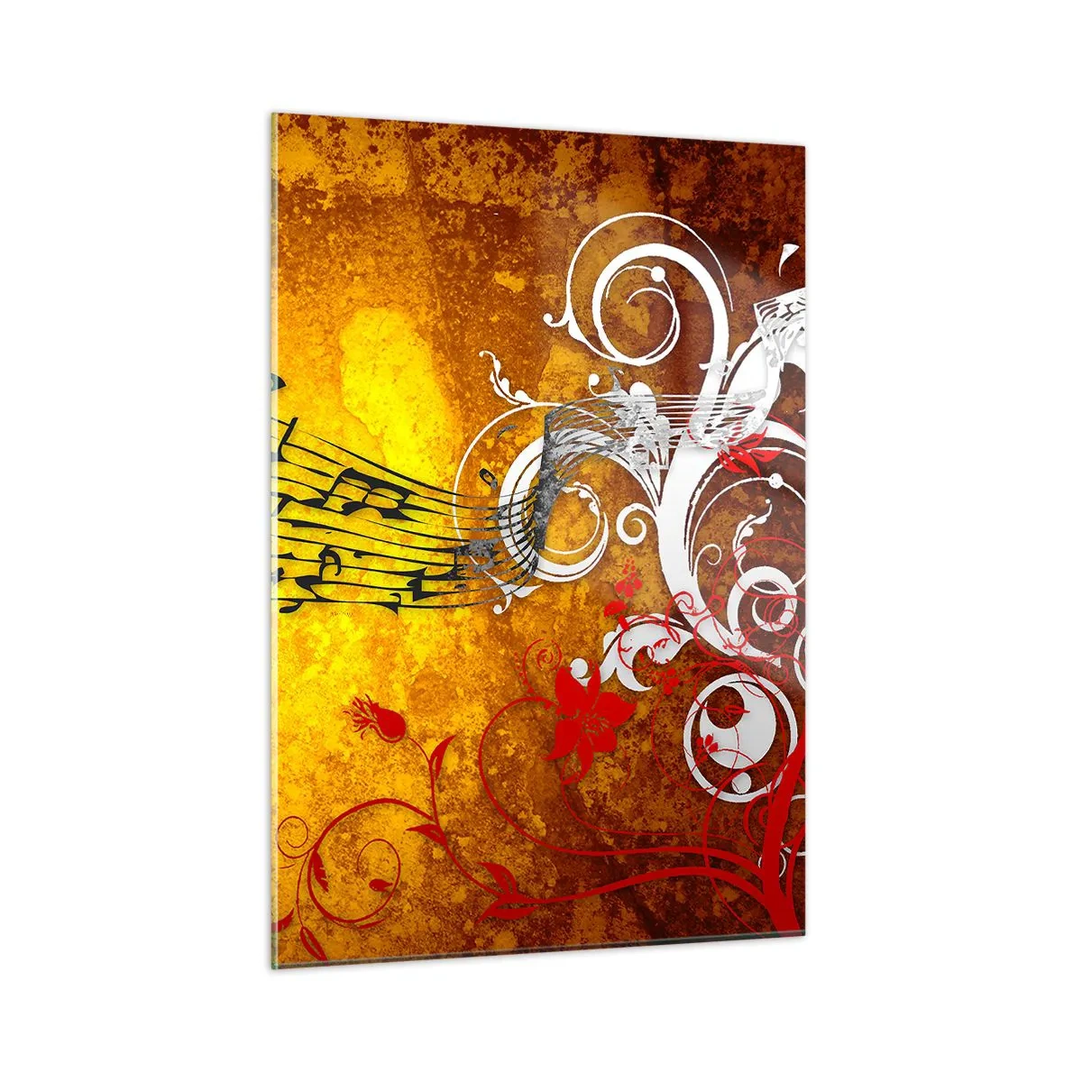 Impression sur verre - Image sur verre - Motifs musicaux sur fond d'ornements dorés - 50x70cm - Que la musique coule - Décoration murale moderne pour le salon et la chambre ARTTOR