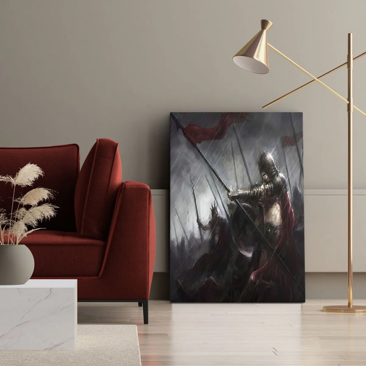 Impression sur toile - Image sur toile - Chevaliers marchant vers le champ de bataille sous la pluie - 50x70cm - Passant, dis à Sparte… - Décoration murale moderne pour le salon et la chambre ARTTOR