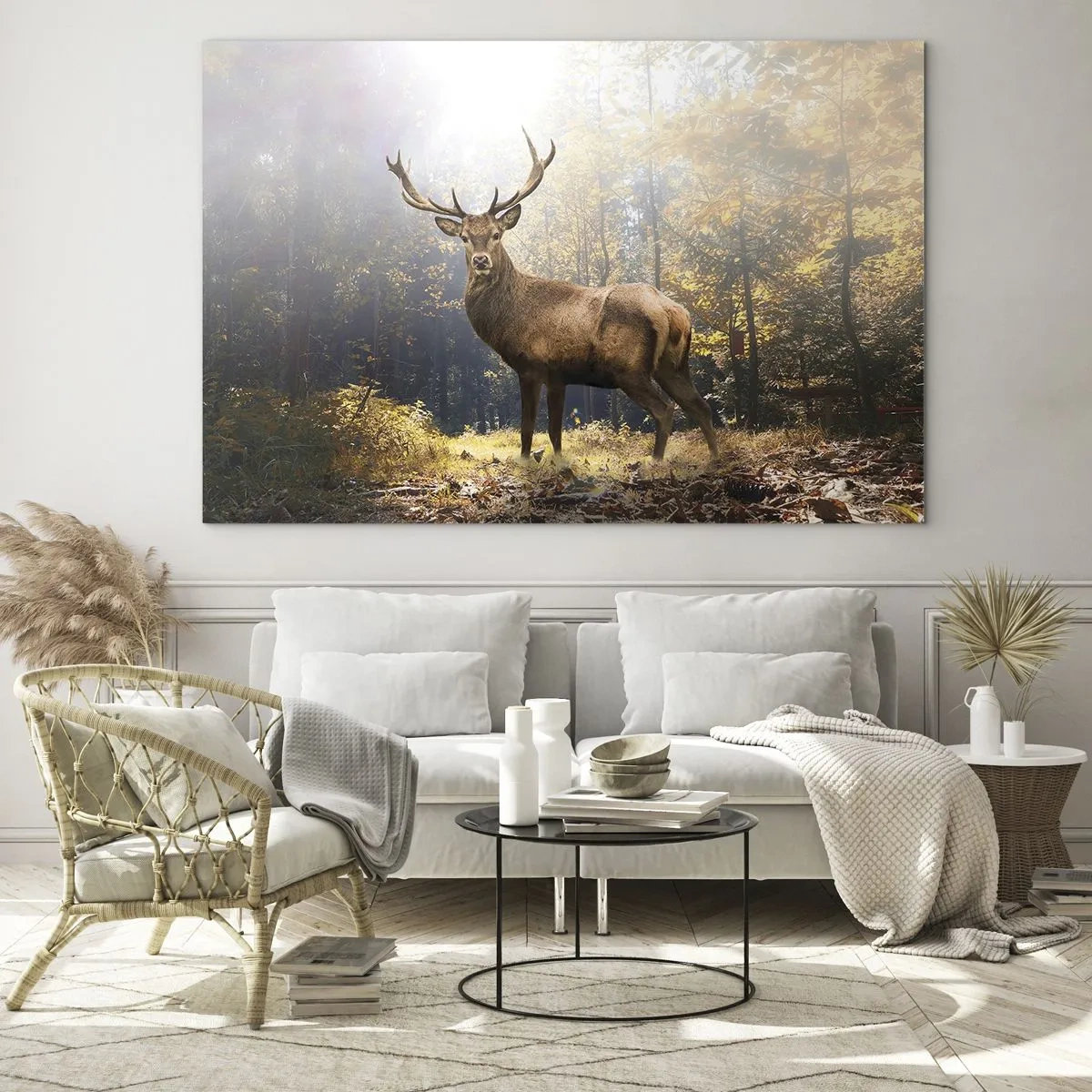 Impression sur verre - Image sur verre - Un cerf majestueux dans une forêt d'automne ensoleillée - 120x80cm - Toute sa majesté - Décoration murale moderne pour le salon et la chambre ARTTOR