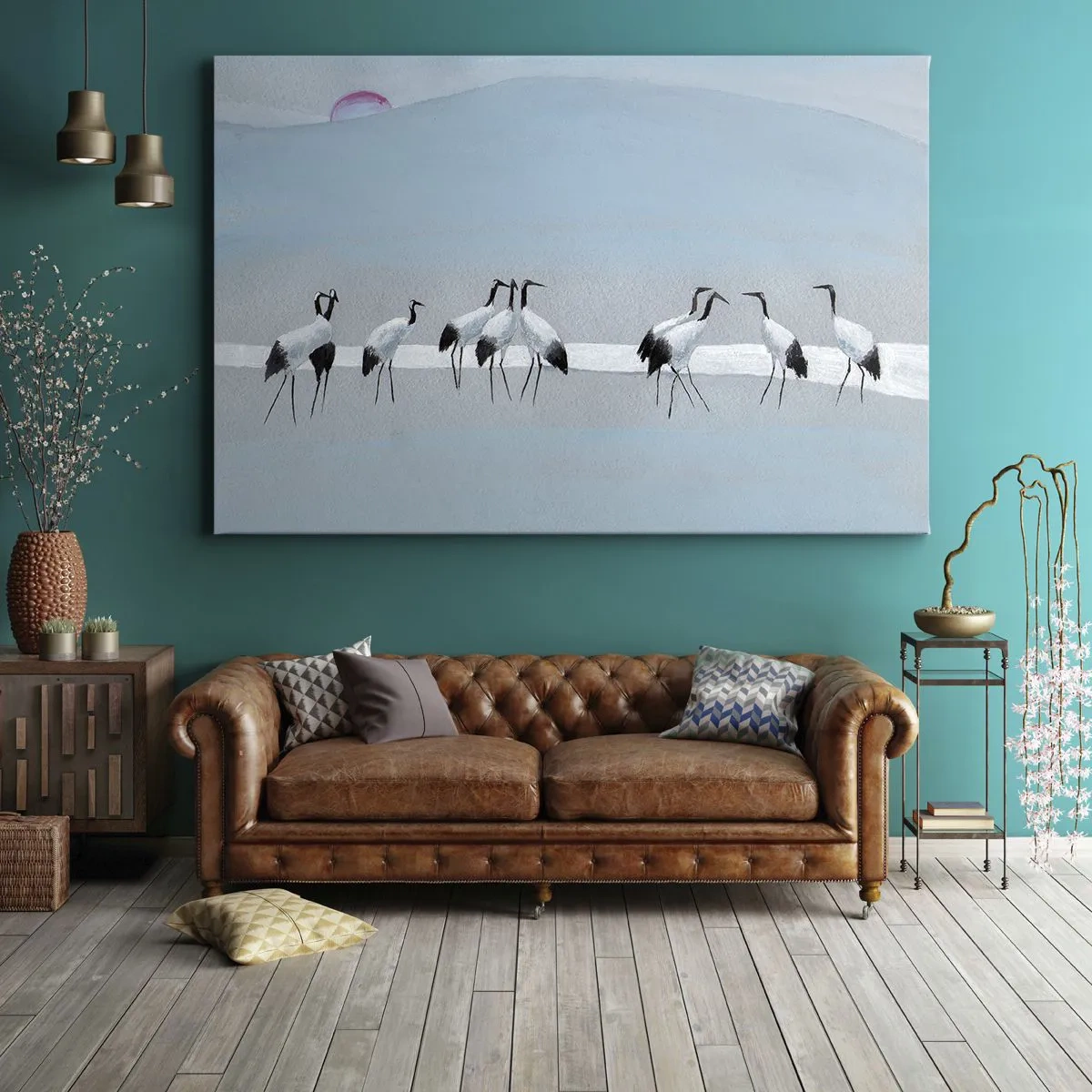 Impression sur toile - Image sur toile - Un groupe de grues contre un ciel bleu et le soleil levant - 120x80cm - Après une chaude journée - Décoration murale moderne pour le salon et la chambre ARTTOR