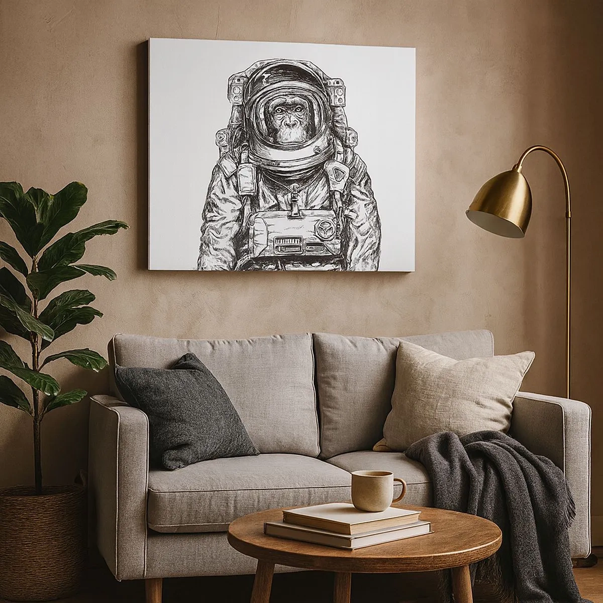 Impression sur toile - Image sur toile - Graphique d'un astronaute en combinaison spatiale avec une tête de singe - 70x50cm - Évolution alternative - Décoration murale moderne pour le salon et la chambre ARTTOR