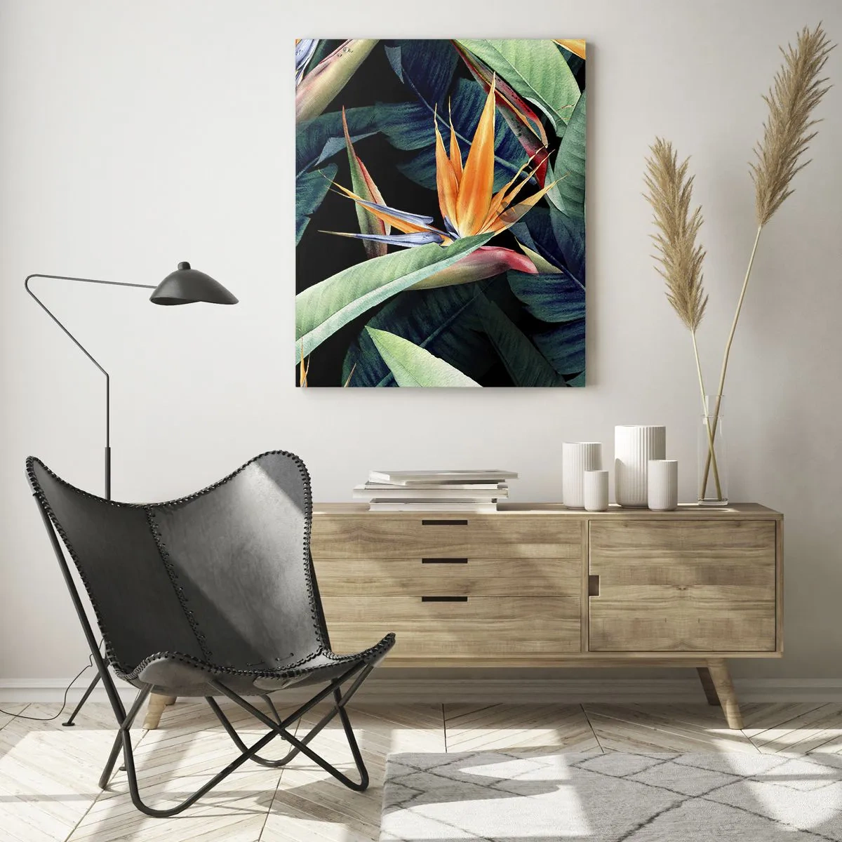 Impression sur verre - Image sur verre - Fleurs et feuilles tropicales sur fond noir - 80x120cm - Fleurs flamboyantes des tropiques - Décoration murale moderne pour le salon et la chambre ARTTOR
