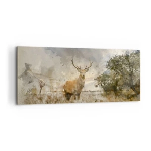 Impression sur toile - Image sur toile - Un cerf dans un cadre naturel dans un style aquarelle - 120x50cm - Dignité - force - majesté - Décoration murale moderne pour le salon et la chambre ARTTOR