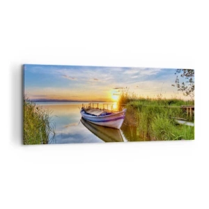 Impression sur toile - Image sur toile - Un bateau dans une baie tranquille au coucher du soleil - 120x50cm - La crique où les rêves deviennent réalité - Décoration murale moderne pour le salon et la chambre ARTTOR