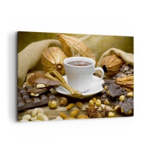 Impression sur toile - Image sur toile - Une tasse de chocolat chaud entourée de cacao et de cannelle - 120x80cm - Pour les amateurs de sensations fortes - Décoration murale moderne pour le salon et la chambre ARTTOR
