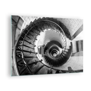 Impression sur verre - Image sur verre - Photo en noir et blanc d'un escalier en colimaçon en perspective - 70x50cm - De plus en plus haut - Décoration murale moderne pour le salon et la chambre ARTTOR