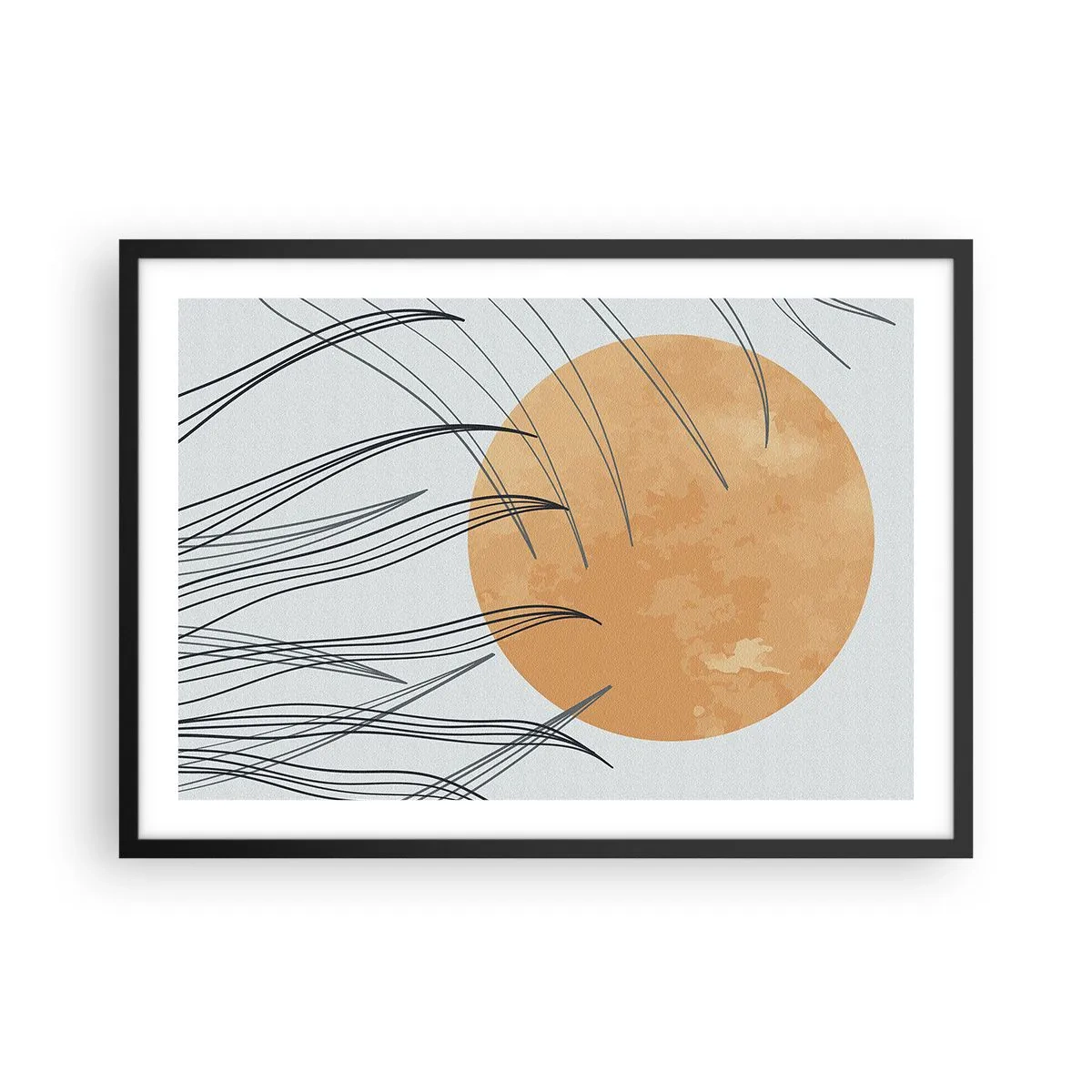 Affiche dans un cadre noir - Poster - Brins d'herbe abstraits sur fond de grand soleil orange - 70x50cm - Toujours vers le soleil - Décoration murale moderne pour le salon et la chambre ARTTOR