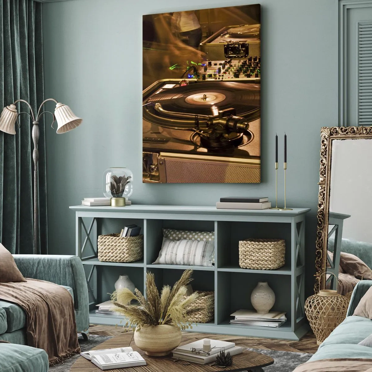 Impression sur toile - Image sur toile - Équipement DJ avec platine et table de mixage lors d'une fête - 70x100cm - Sentez-vous cette force? - Décoration murale moderne pour le salon et la chambre ARTTOR