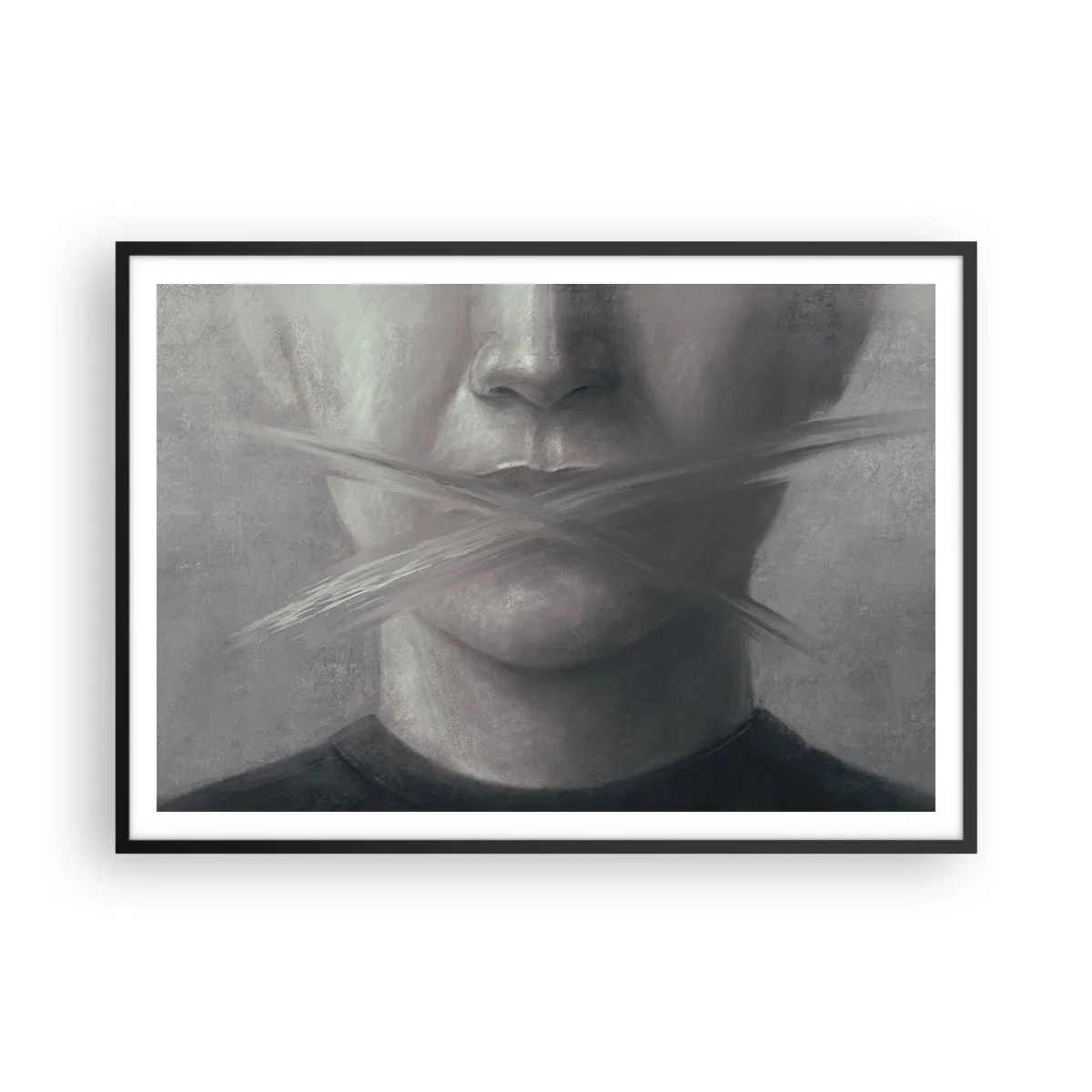 Affiche dans un cadre noir - Poster - Un portrait symbolique aux lèvres floues dans des tons gris. - 100x70cm - Sans mot - Décoration murale moderne pour le salon et la chambre ARTTOR