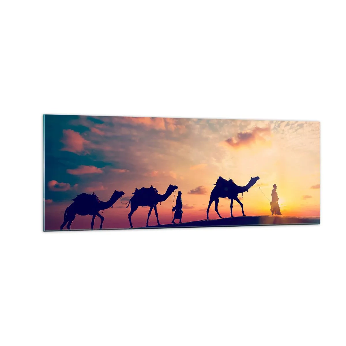 Impression sur verre - Image sur verre - Une caravane de chameaux errant dans le désert au coucher du soleil - 140x50cm - L'esprit mystérieux de l'Orient - Décoration murale moderne pour le salon et la chambre ARTTOR