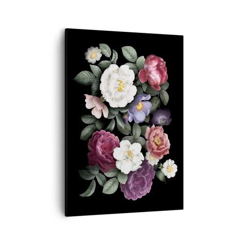 Impression sur toile - Image sur toile - Fleurs de différentes couleurs sur fond noir - 50x70cm - D'un jardin anglais - Décoration murale moderne pour le salon et la chambre ARTTOR