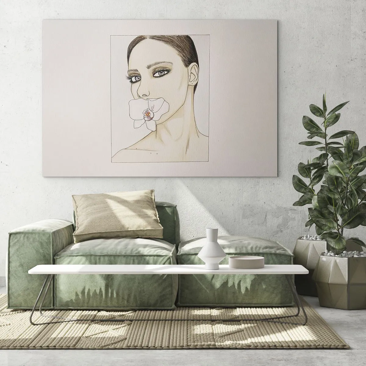 Impression sur verre - Image sur verre - Portrait d'une femme avec une orchidée dans la bouche sur un fond clair - 120x80cm - Symbole de l'élégance et de la beauté - Décoration murale moderne pour le salon et la chambre ARTTOR
