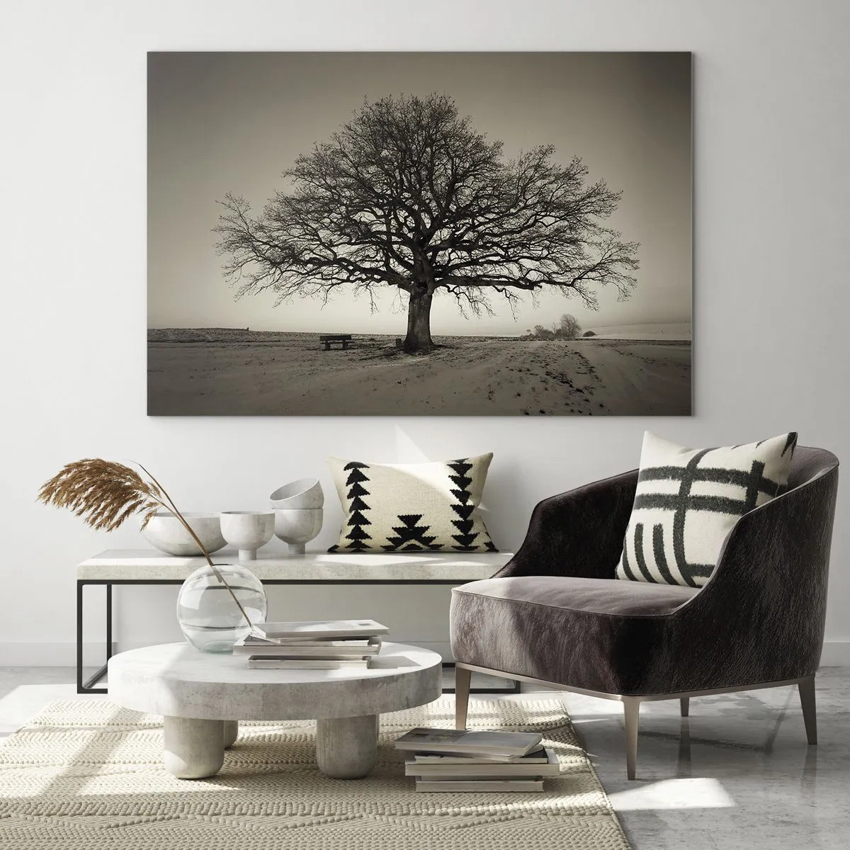 Impression sur verre - Image sur verre - Un arbre solitaire dans un paysage monochrome - 70x50cm - D'ici à l'éternité - Décoration murale moderne pour le salon et la chambre ARTTOR