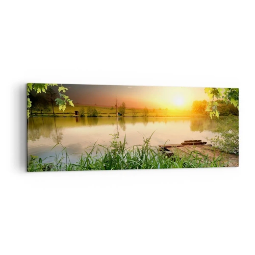 Impression sur toile - Image sur toile - Paysage verdoyant avec un lac au coucher du soleil - 140x50cm - Paysage dans un cadre verdoyant - Décoration murale moderne pour le salon et la chambre ARTTOR