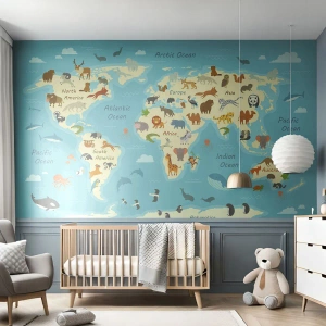 Papier Peint Photo Premium Sand - De bons voisins - Carte du monde, Carte avec des animaux, Animaux - 150x105 cm