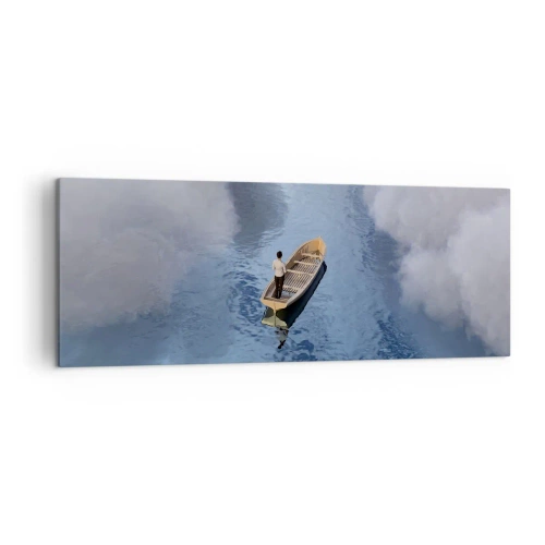 Impression sur toile - Image sur toile - Un homme dans un bateau sur une mer calme entourée de nuages - 140x50cm - Vie – voyage – inconnu - Décoration murale moderne pour le salon et la chambre ARTTOR